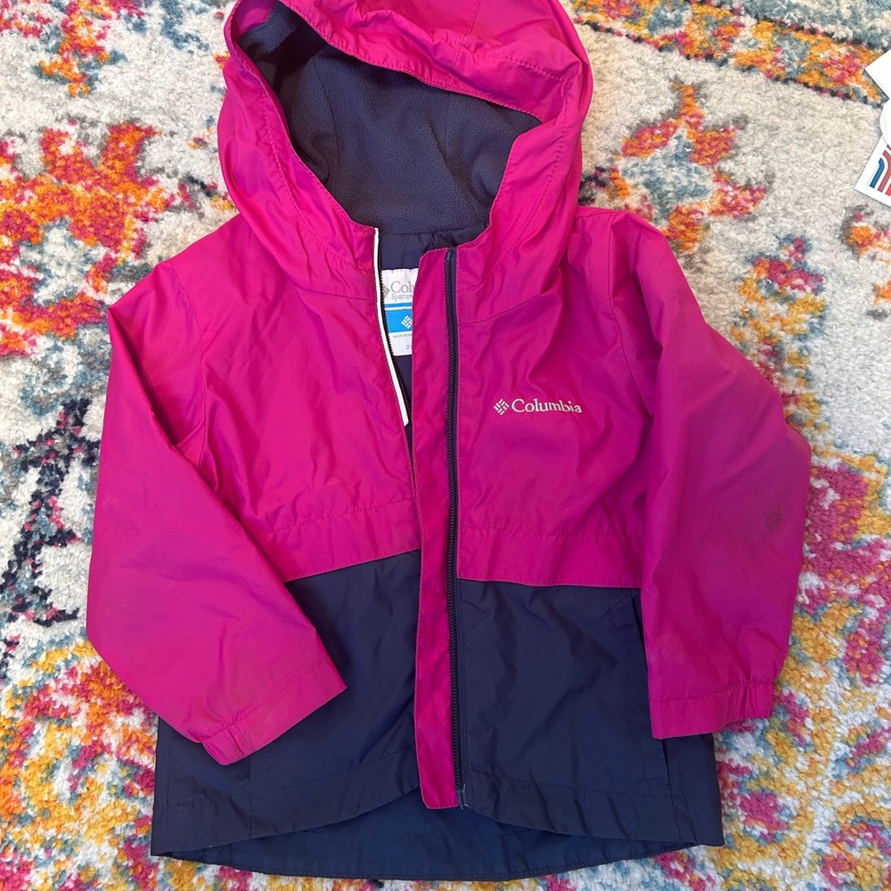 Columbia Kids Two-Tone Hooded Rain Jacket - Fuchsia & Navy- Fleece Lined Size 2T